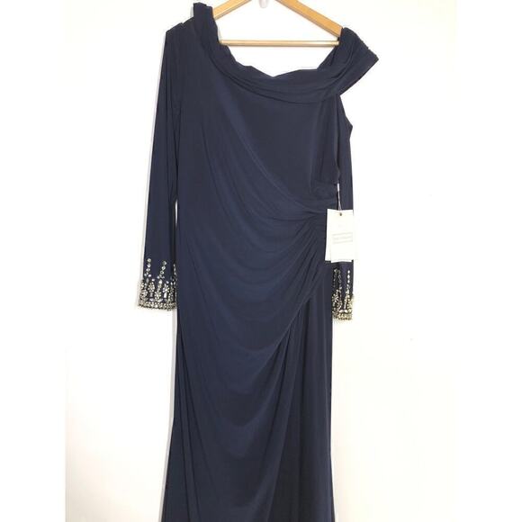 Mac Duggal 12231 Dress Beaded Cuff Drop Shoulder Faux Wrap Gown Midnight… - Picture 6 of 15
